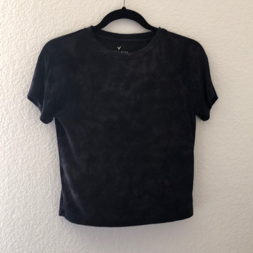 Ribbed navy/ light blue mixed cropped top t-shirt.